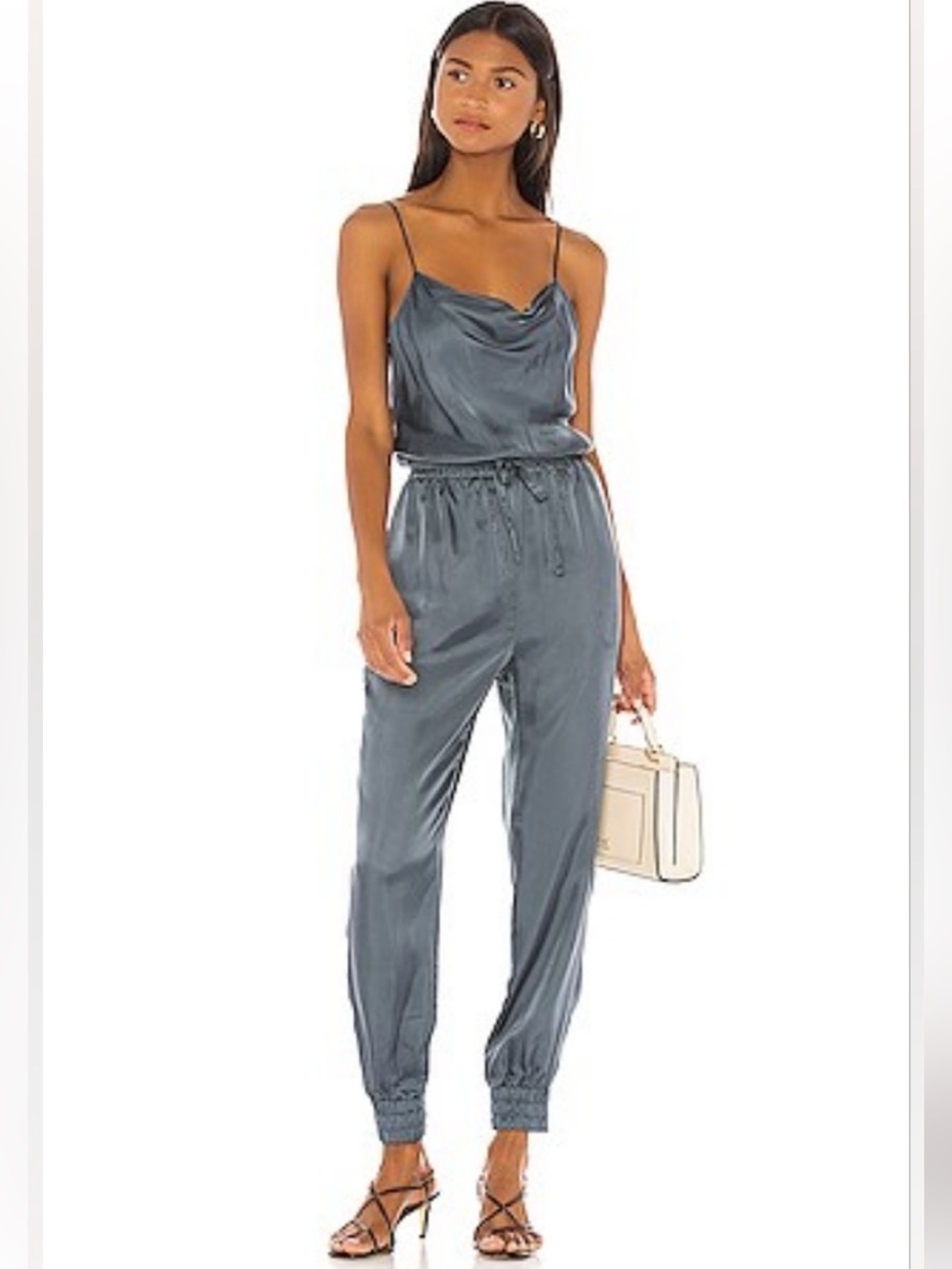 cinq a sept Satin Cowl-Neck Jumpsuit Finnley in Slate Blue XS EUC